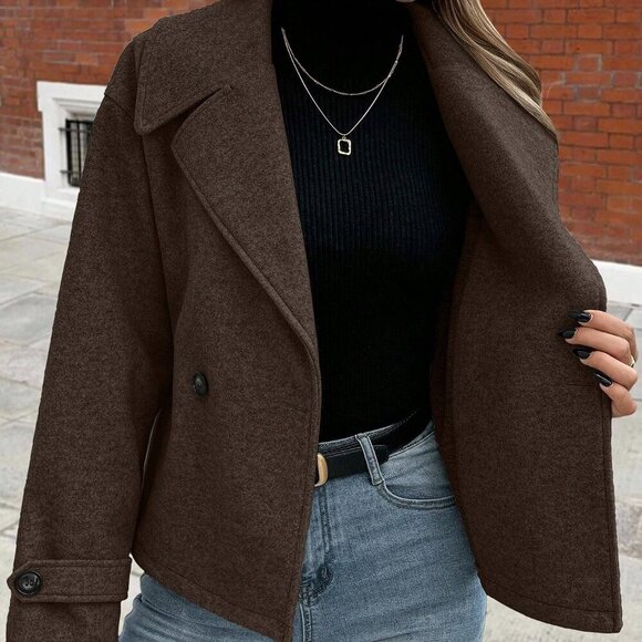 Coffee Brown Casual Women's Large Lapel Decorated Button Long Sleeve Coat - Picture 7 of 7